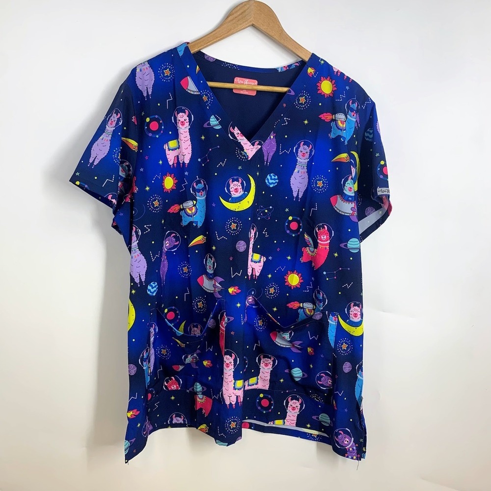 Ava Therese Women's Scrub Top V-Neck Short Sleeve Astro Llama Space Size 2XL NWT